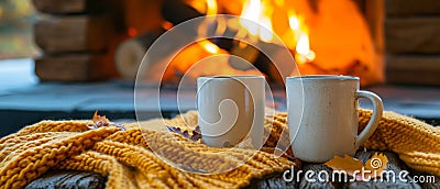 Enhancing The Cozy Autumn Ambiance With Coffee Mugs By The Crackling Fireplace Stock Photo
