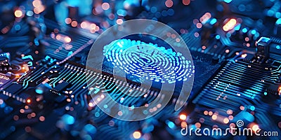 Enhancing Cybersecurity with a Blue Microchip Featuring a Fingerprint Symbol for Secure Data Stock Photo