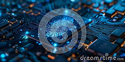 Enhancing Cybersecurity with a Blue Microchip and Fingerprint Symbol for Secure Data Protection and Stock Photo