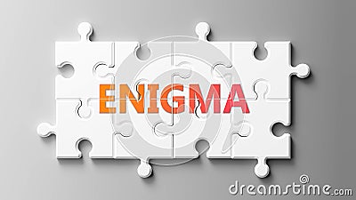 Enigma complex like a puzzle - pictured as word Enigma on a puzzle pieces to show that Enigma can be difficult and needs Cartoon Illustration