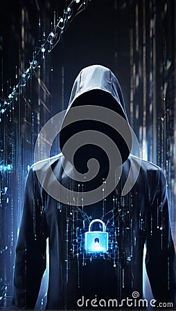 Enigma Unveiled: The Hooded Guardian of Binary Secrets. Generative AI Stock Photo