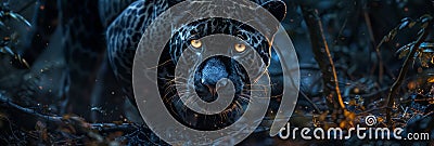 Enigmatic black jaguar stalking in night forest starlit wide angle photorealistic scene Stock Photo