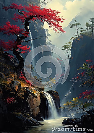 Enigmatic Elegance: A Captivating Hanging Scroll of a Red Tree W Stock Photo