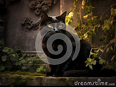 Enigmatic Elegance: Cat's Graceful Vigil in the Moonlit Garden Stock Photo