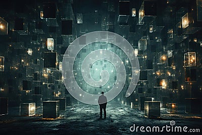 Enigmatic Figure amidst Quantum Mechanics Visualization. Generative AI Stock Photo