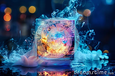 Enigmatic fire and ice whisky glass on bar counter Stock Photo