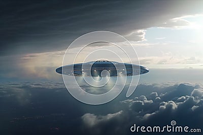 Enigmatic flight, Alien UFO saucer traverses cloud-filled sky above Earth Stock Photo