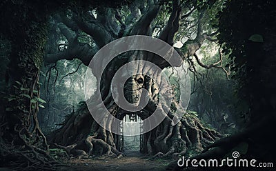 Enigmatic Forest Gateway: A Mystical Tree Forms an Ancient Entrance. created by generative artificial intelligence Stock Photo