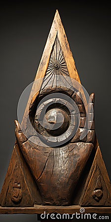 Enigmatic Fusion: A Wooden Masterpiece of Swirling Energy and Ze Stock Photo