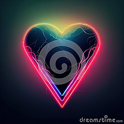 Enigmatic illumination. Unveiling the mysteries of a radiant heart embraced by neon lightning bolts. AI-generated Stock Photo