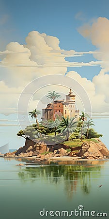 Enigmatic Island Castle: A Digital Painting Inspired By Victor Mosquera And Francesco Borromini Cartoon Illustration