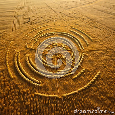 Enigmatic Patterns: Aerial View of Crop Circle Amidst Golden Wheat Field Stock Photo