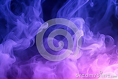 Enigmatic smoke-filled darkness illuminated by purple and blue searchlights. Stock Photo