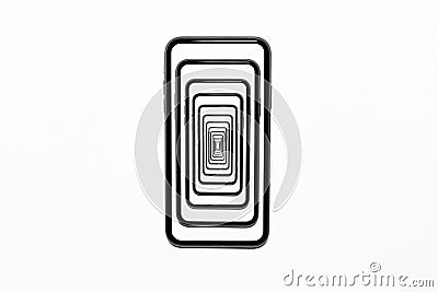 Enigmatic surrealistic optical illusion. Close-up modern smartphone isolated on white background. Stock Photo