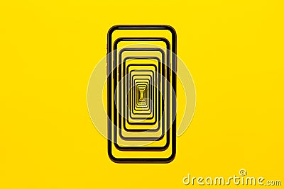 Enigmatic surrealistic optical illusion. Close-up modern smartphone isolated on yellow background. Stock Photo