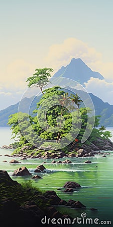 Enigmatic Tropics: A Green Island With Majestic Mountains Stock Photo