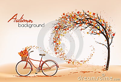 Enjoy Autumn background. Tree with colorful leaves and bike with basket with leaves. Vector Illustration