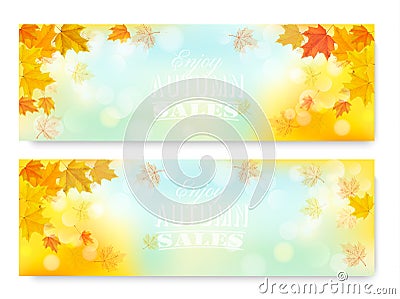 Enjoy Autumn Sales Banners with Colorful Leaves. Vector Illustration