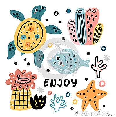 Enjoy card with underwater fauna. Cute marine animals design Vector Illustration