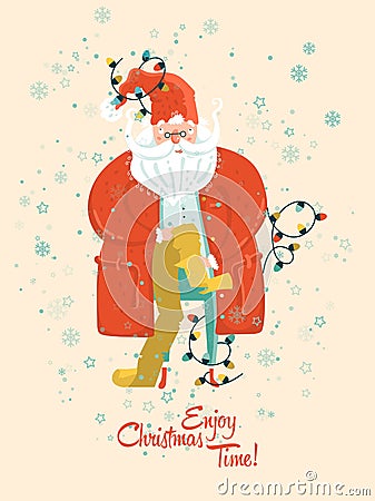 Enjoy Christmas time. Happy New year and a very Merry Christmas. Vector greeting postcard with Santa Vector Illustration