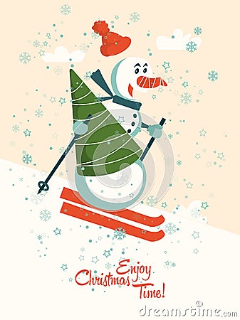 Enjoy Christmas time. Happy New year and a very Merry Christmas. Vector greeting postcard with snowman Vector Illustration