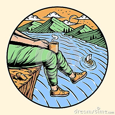 Enjoy coffee on the hill illustration Vector Illustration