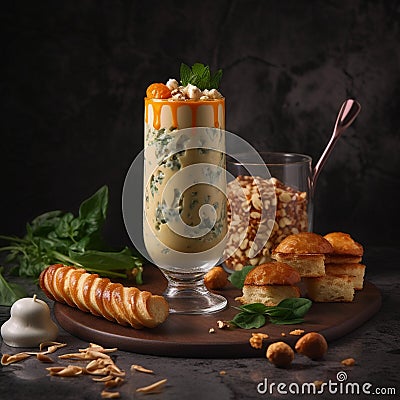 Tall Glass of Doogh with Savory Snacks Stock Photo