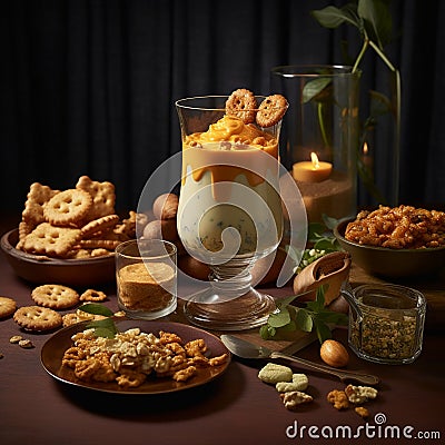 Tall Glass of Doogh with Savory Snacks Stock Photo