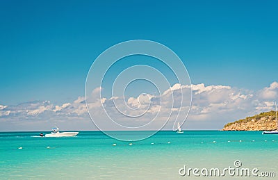 Enjoy cruise. Travel ship touristic boat tranquil lagoon. Sky with clouds over calm tropical sea. Boats touristic Stock Photo