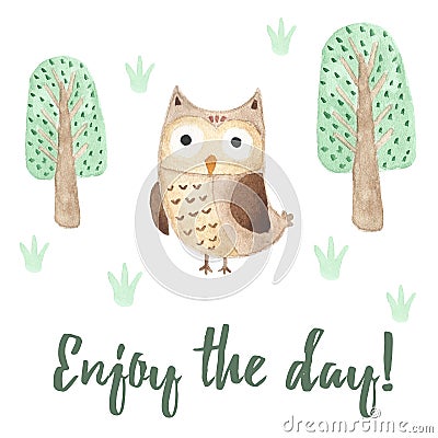 Enjoy the day card with a cute owl Cartoon Illustration
