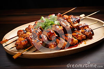 Enjoy a delectable plate of chicken skewers adorned with a vibrant garnish of fresh parsley, Grilled teriyaki chicken skewers, AI Stock Photo