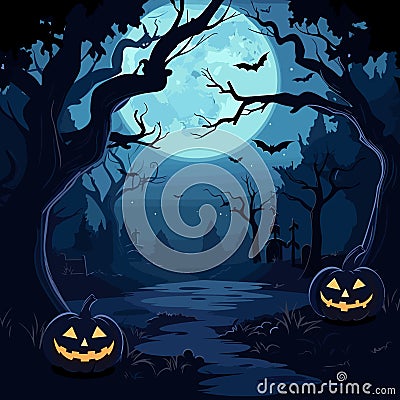 Halloween background with pumpkins, bats and trees, vector illustration.Generative AI Stock Photo