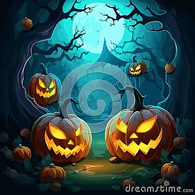 Halloween background with scary pumpkins and forest at night vector illustration.Generative AI Stock Photo