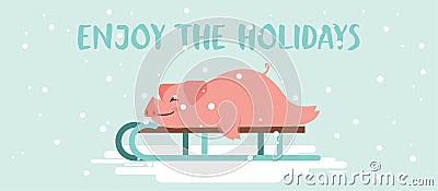 Enjoy the holidays. Cute lazy pig lying on a winter slide. Merry Christmas and happy new year vector design Vector Illustration