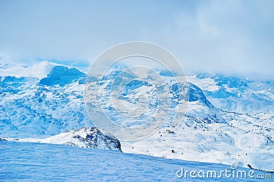 Misty Dachstein Alps, Salzkammergut, Austria Stock Photo