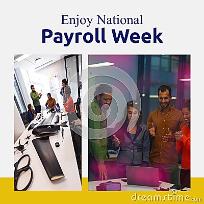 Enjoy national payroll week text with diverse happy colleagues in casual office Stock Photo