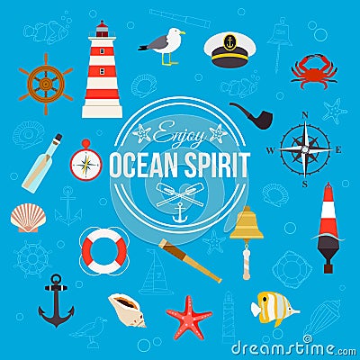 Enjoy ocean spirit. Summer nautical typographical background with place for text. Flat style design. Vector Illustration