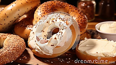 Enjoy a selection of bagels complemented by smooth cream cheese Stock Photo