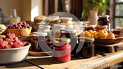 Enjoy a selection of flavorful fruit jams on the table Stock Photo