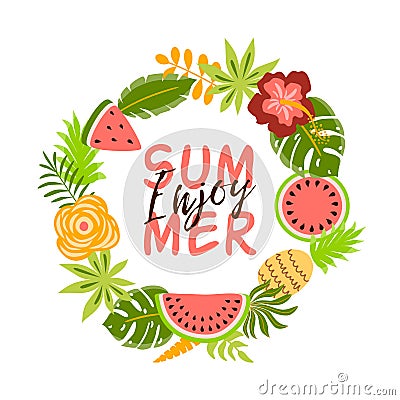 Enjoy summer Cute summer banner with tropical fruits flowers palm leaves. Decorative fruit wreath Cute element Cartoon Illustration
