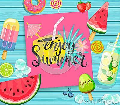 Enjoy Summer lettering on blue wooden background. Vector Illustration