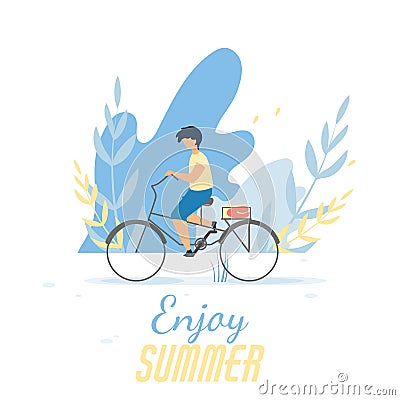 Enjoy Summer Text Banner with Cartoon Boy Cycling Vector Illustration