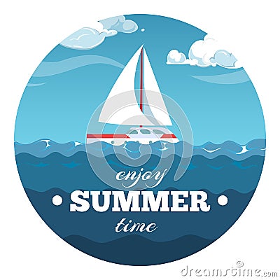 Enjoy summer time postcard design. Sea illustration with sample text and boat Vector Illustration