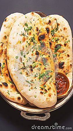 Enjoy Tandoori naan, a classic accompaniment to Indian dishes. Stock Photo