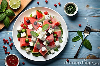 A refreshing summer salad, with watermelon, feta cheese, and mint, dressed with a light vinaigrette. Ai generative Stock Photo