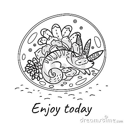 Enjoy today. Glass terrarium with cute cat and garden in cartoon style. Contour vector illustration Vector Illustration