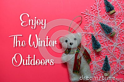 Enjoy The Winter Ourdoors text isolated on Pink backgroud. Frame of Christmas Decoration Stock Photo