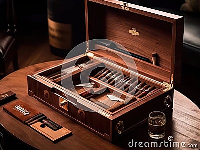 A lavish cigar set complete with a humidor and cigar cutter created with Generative AI Stock Photo