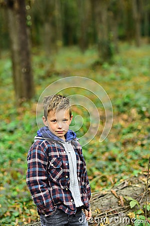 Enjoying autumn time. Little boy on autumn landscape. Little child walk in autumn forest. Small boy play on fresh air Stock Photo