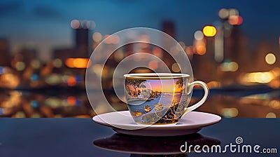 Enjoying Coffee with a Glimpse of the Urban Dawn. Generative AI Stock Photo